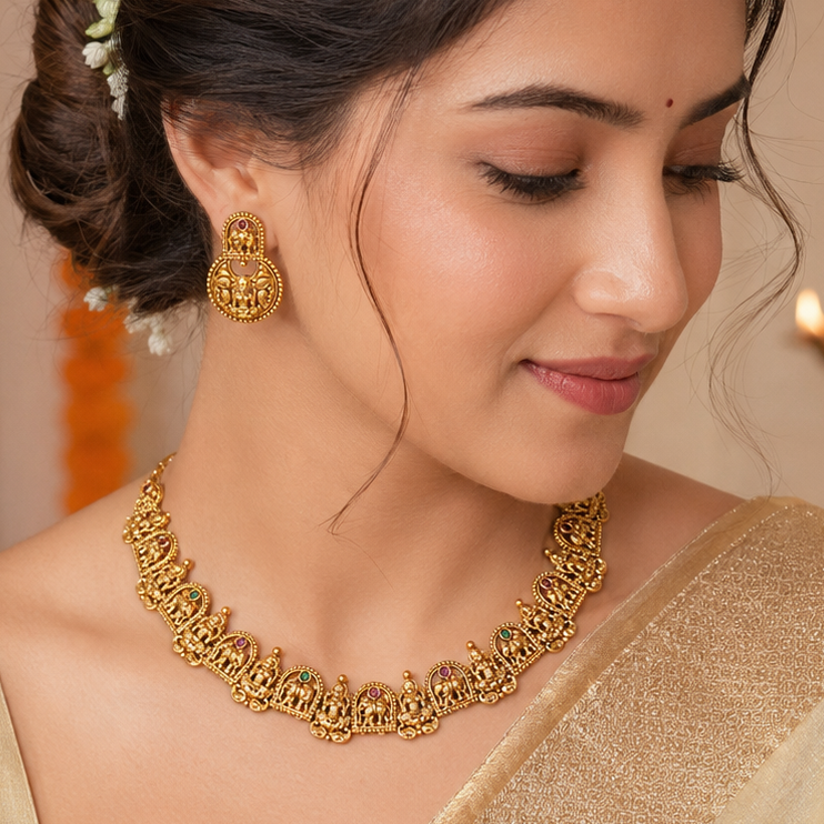 Stunning multicolor plain antique gold ma lakshmi necklace set I Temple Jewelry