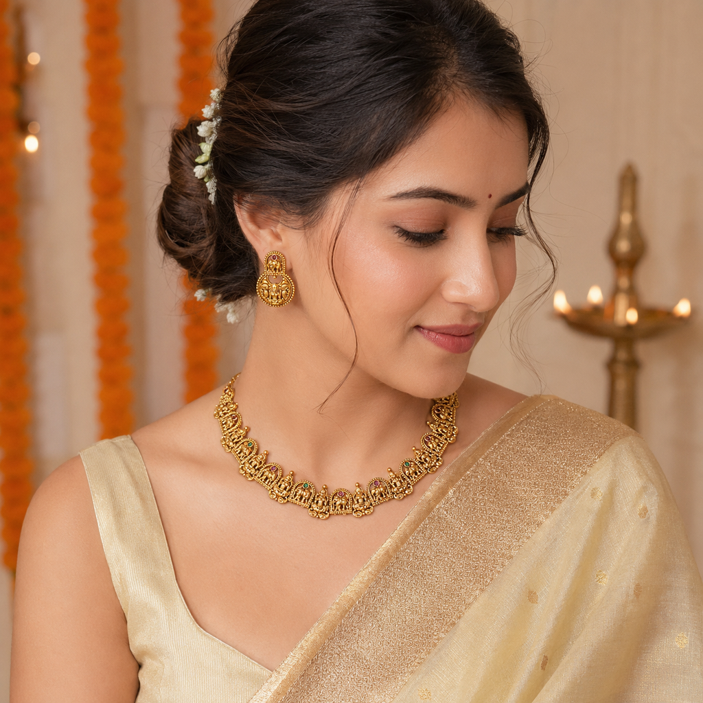 Stunning multicolor plain antique gold ma lakshmi necklace set I Temple Jewelry