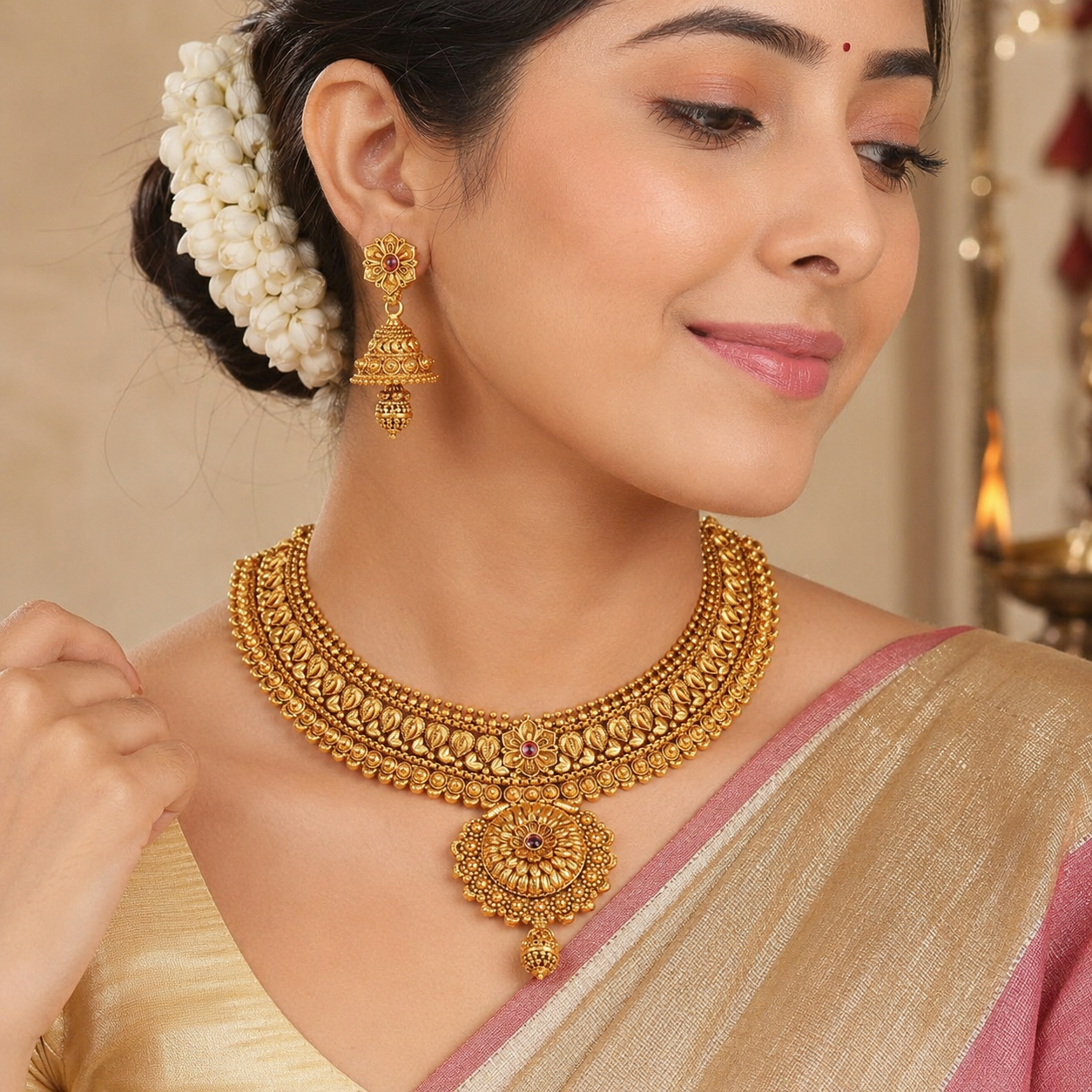 Amazing plain antique plated floral necklace set
