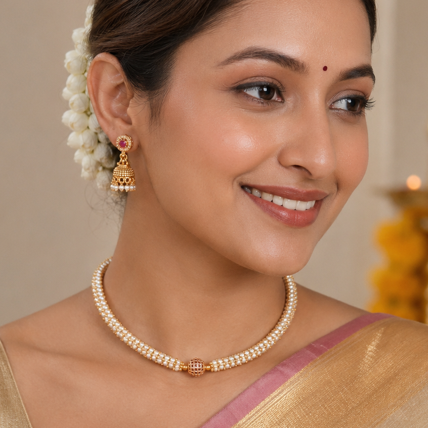 Cute elegant gold pearl necklace set