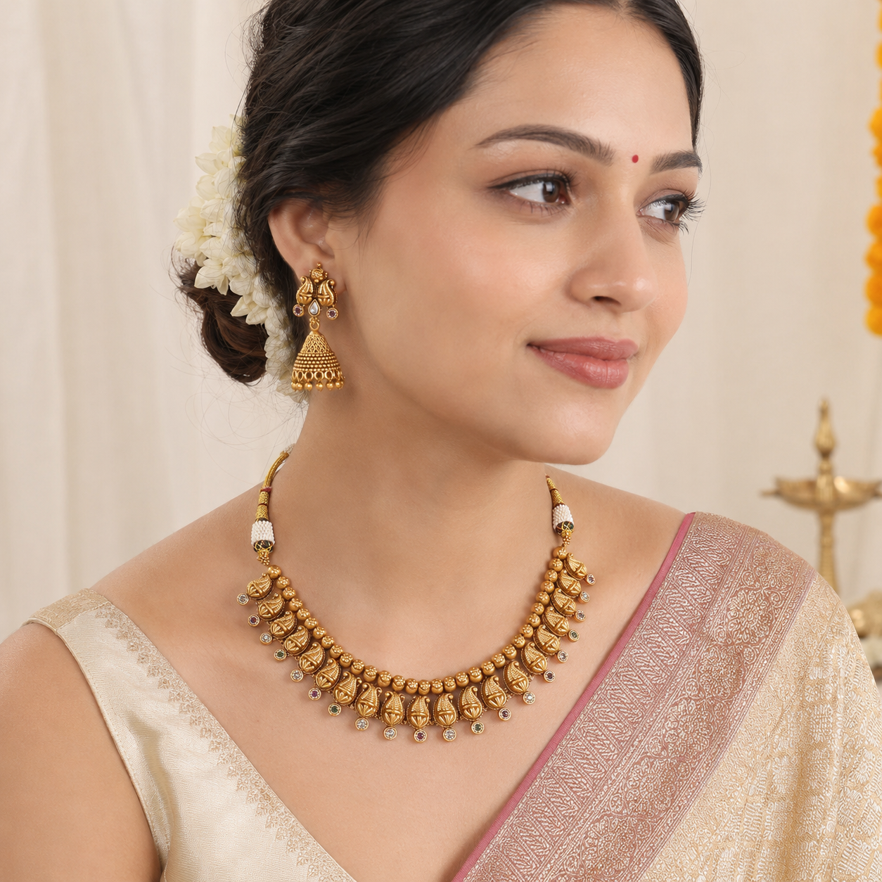 Beautiful paisley antique gold stone necklace set