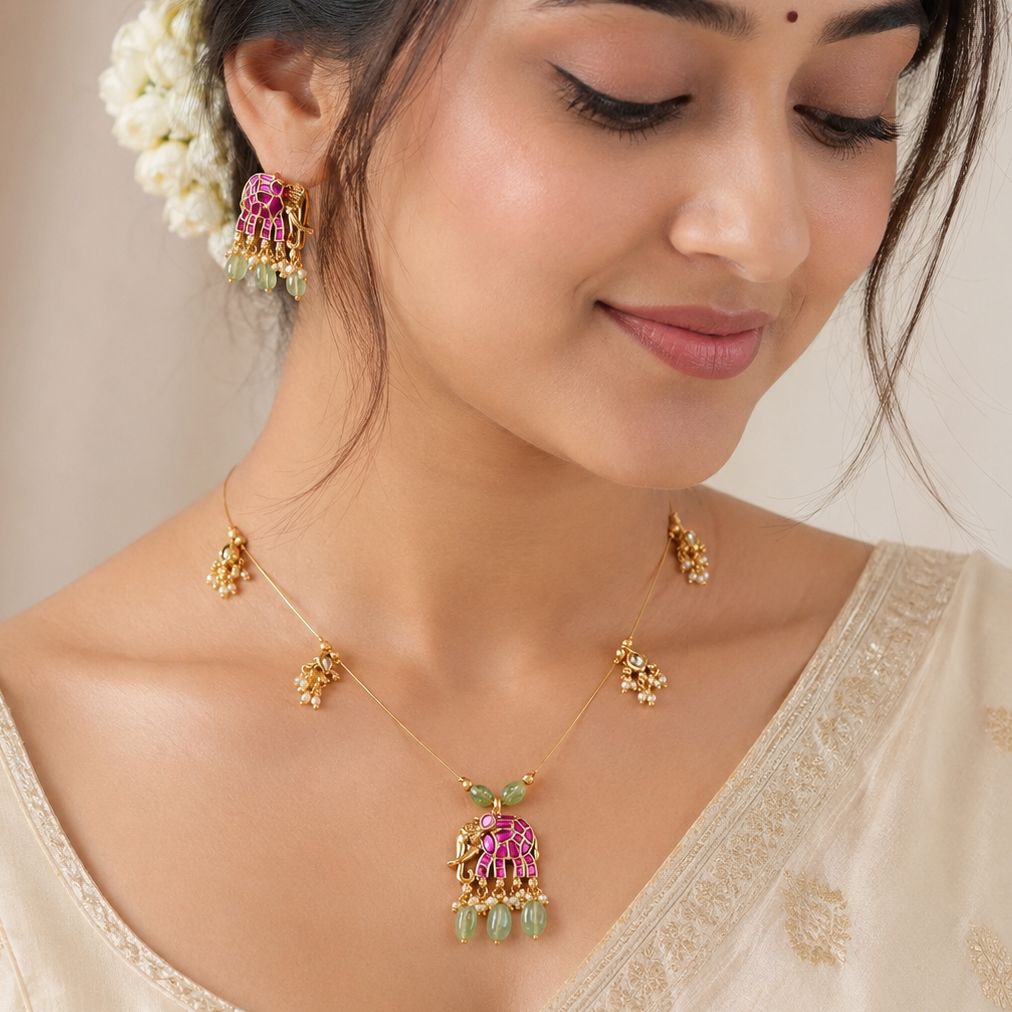 Elegant antique gold stone necklace set for women