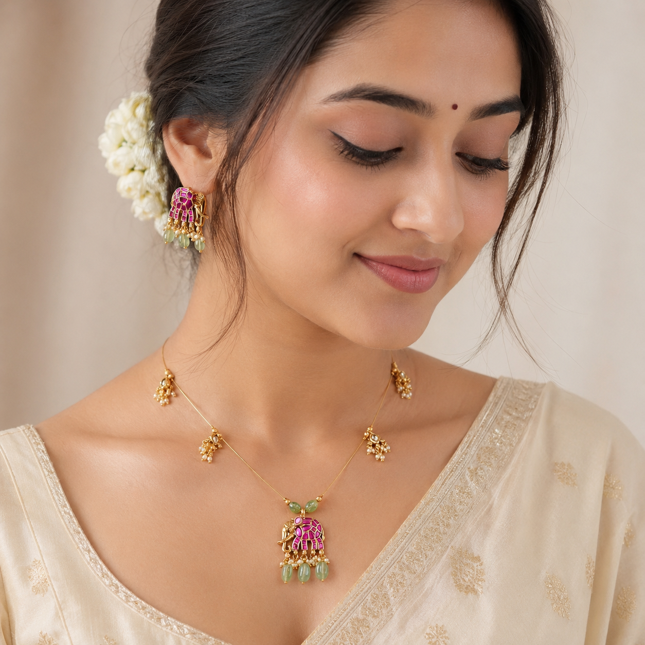 Elegant antique gold stone necklace set for women