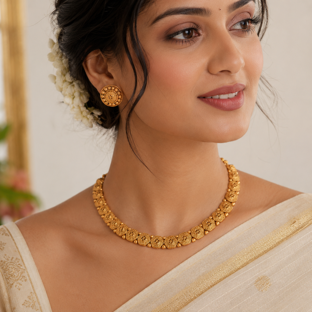 Cute elegant plain antique gold necklace set with earring