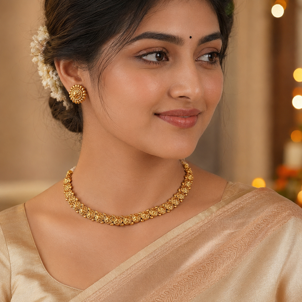 Cute floral simple plain antique gold necklace set