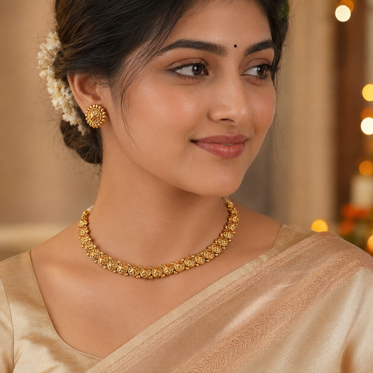Cute floral simple plain antique gold necklace set