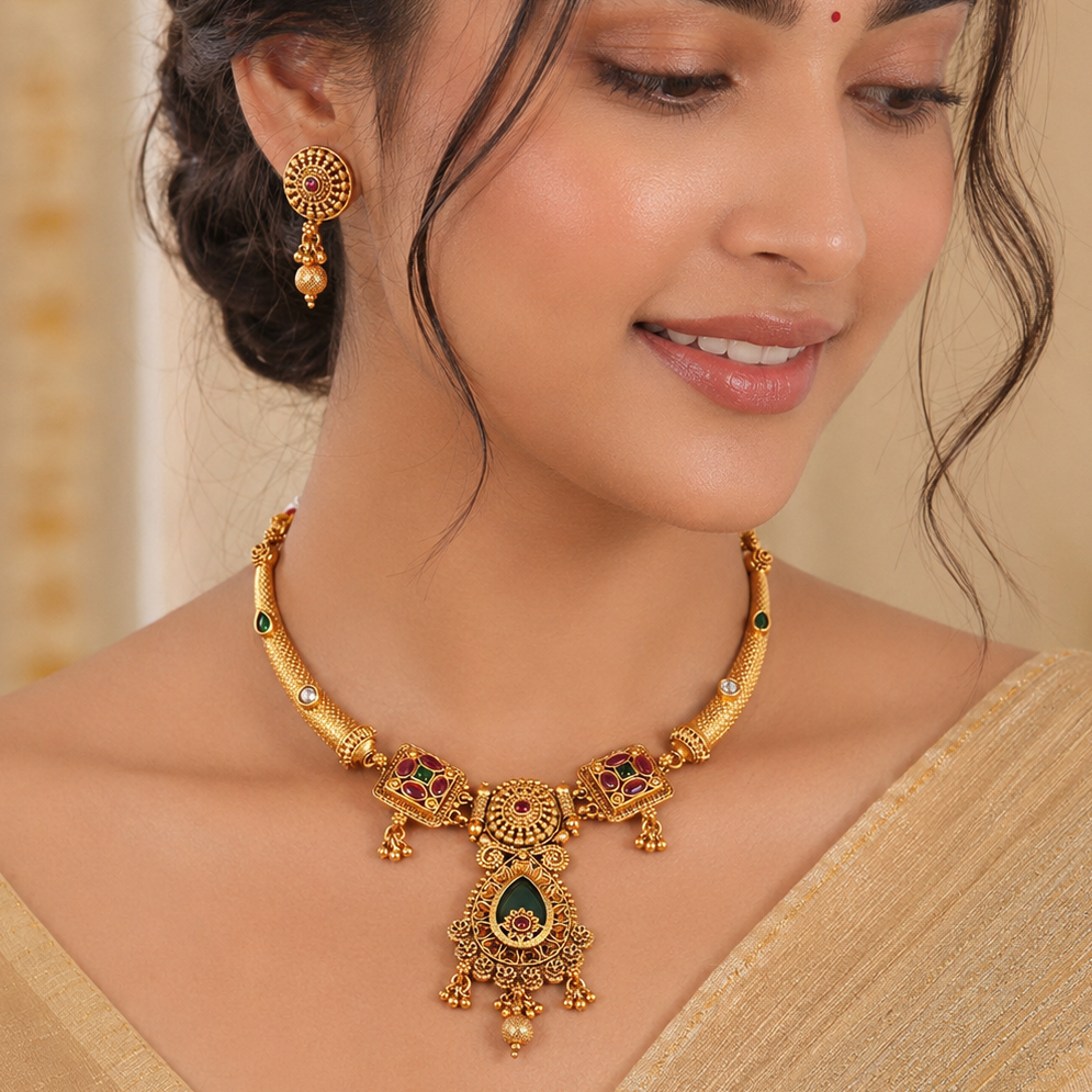Stunning antique gold rajwadi emerald necklace set