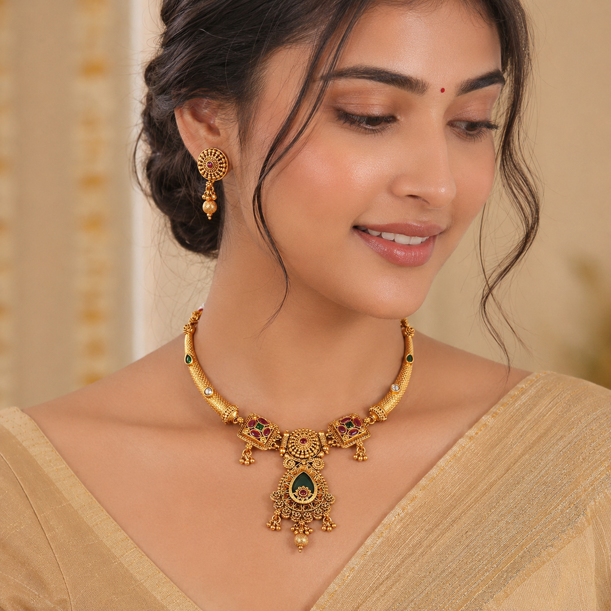 Stunning antique gold rajwadi emerald necklace set