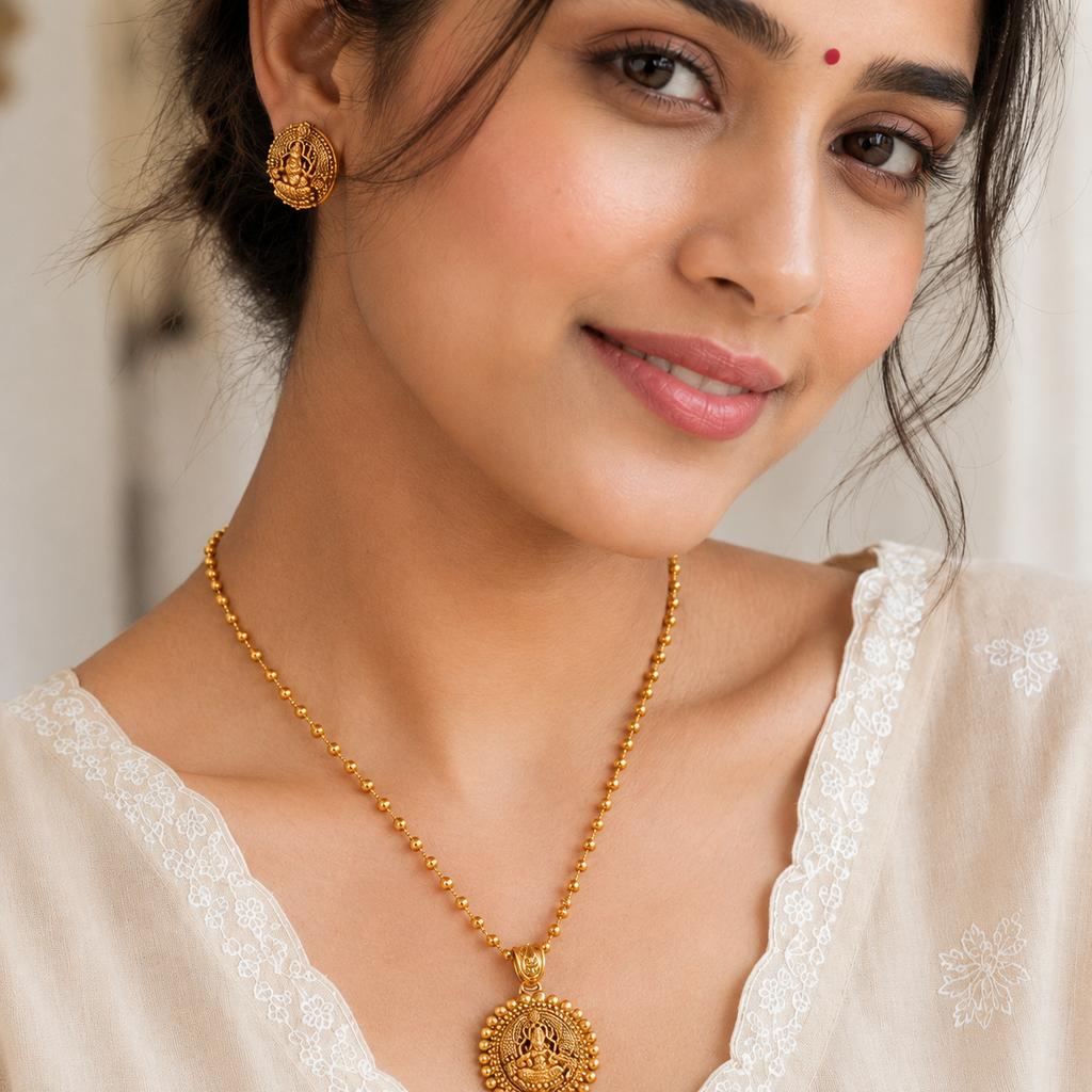 Cute elegant plain antique gold maa lakshmi pendant set I Temple Jewellery