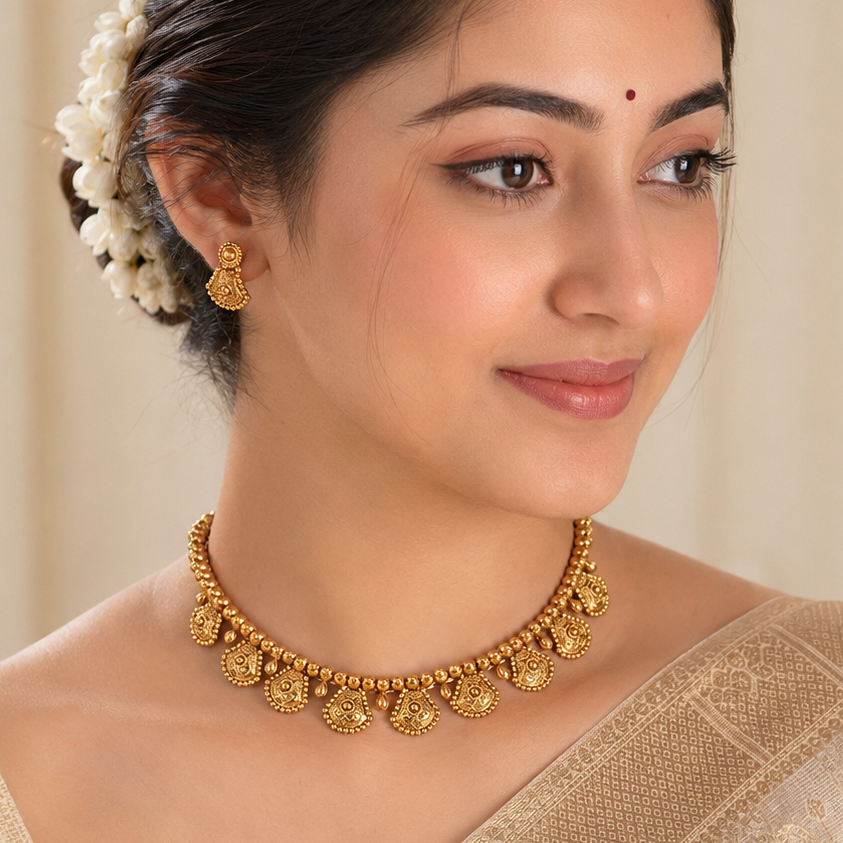 Stunning carved plain antique gold necklace set