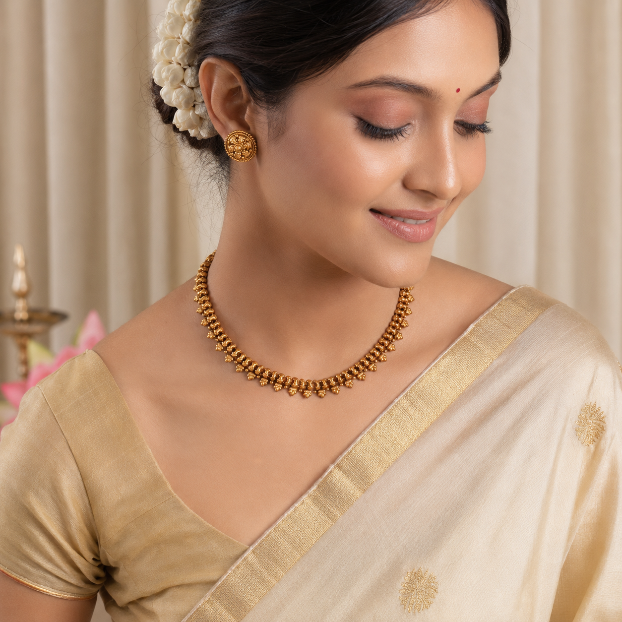 Delicate plain antique gold choker necklace set