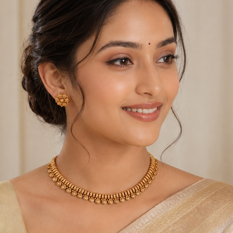 Elegant antique gold plain necklace set with stud earring