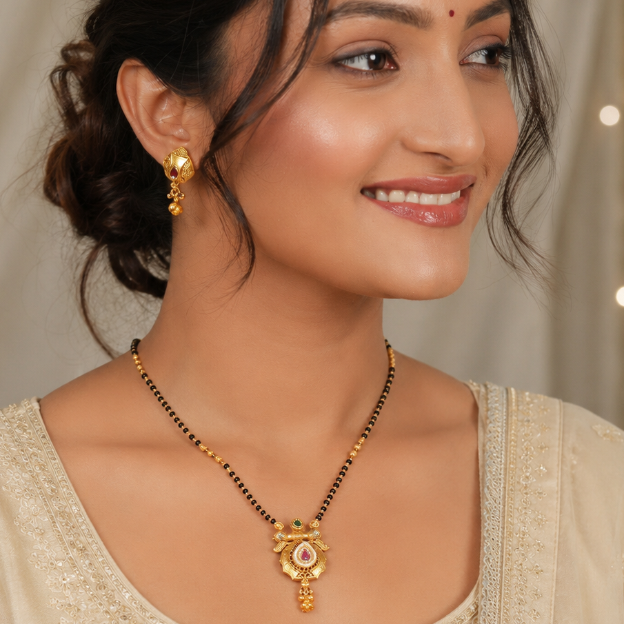 Stunning antique gold stone mangalsutra set with earring