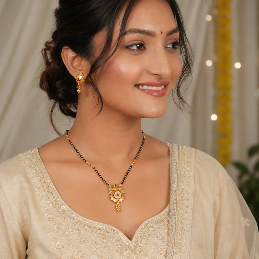 Stunning antique gold stone mangalsutra set with earring