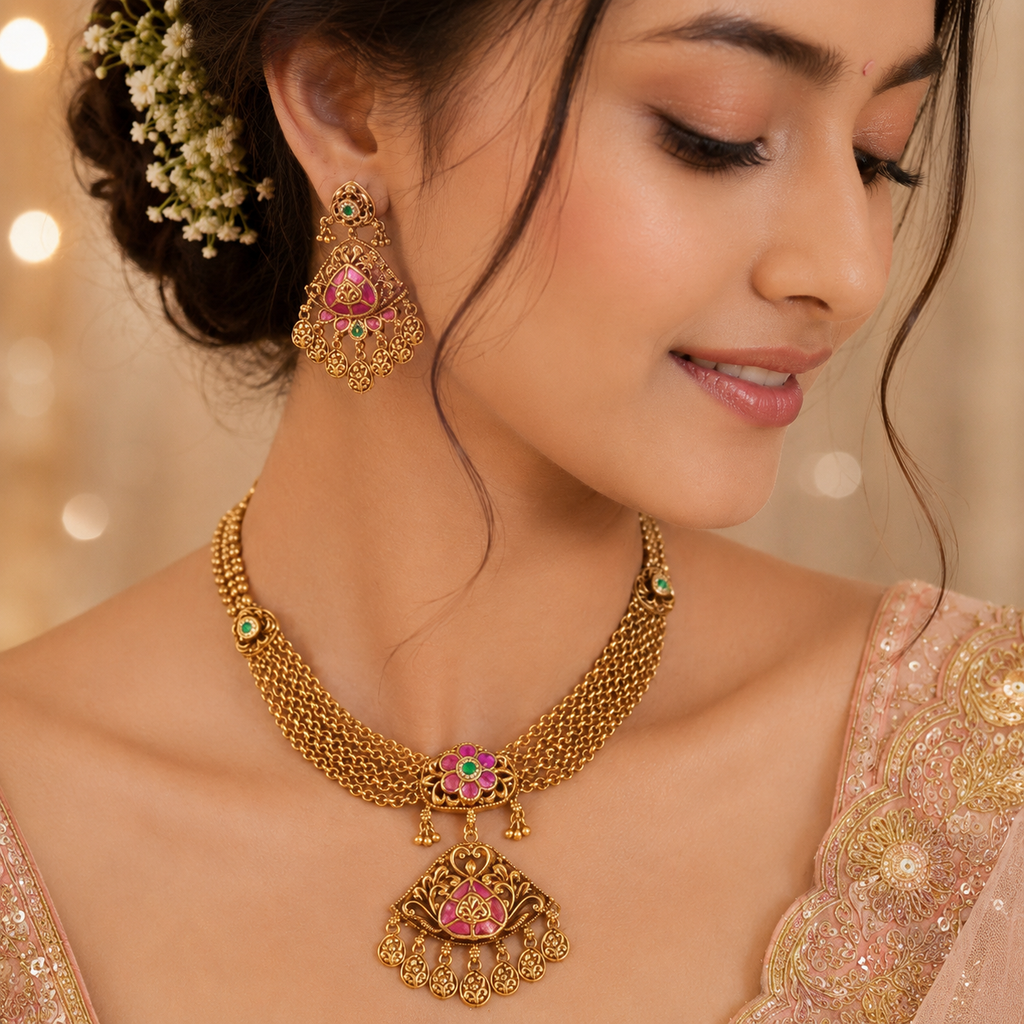 Stunning traditional antique gold ruby stone necklace set