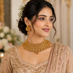 Auspicious antique gold plain intricate maa lakshmi choker necklace set