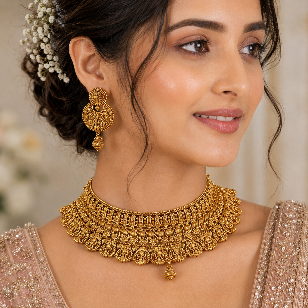 Auspicious antique gold plain intricate maa lakshmi choker necklace set