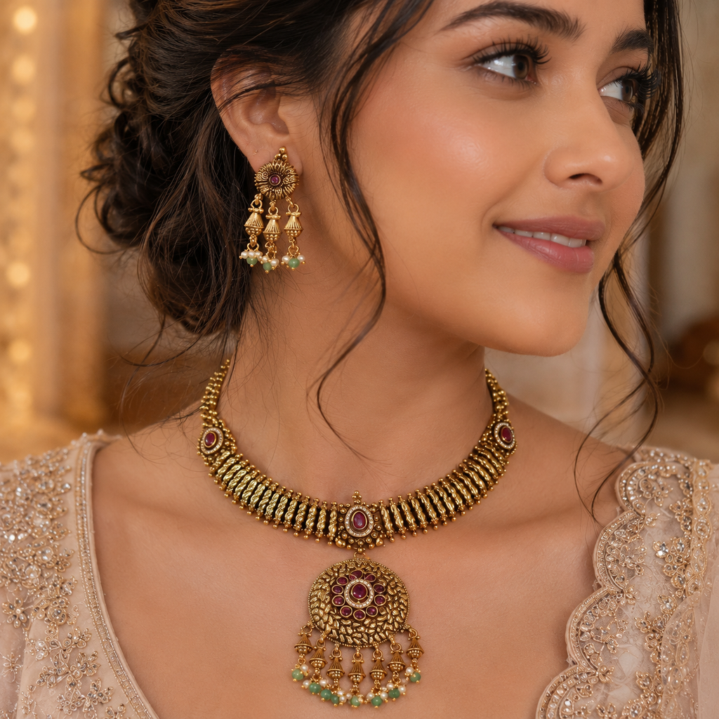 Beautiful antique gold ruby necklace set for women with earring