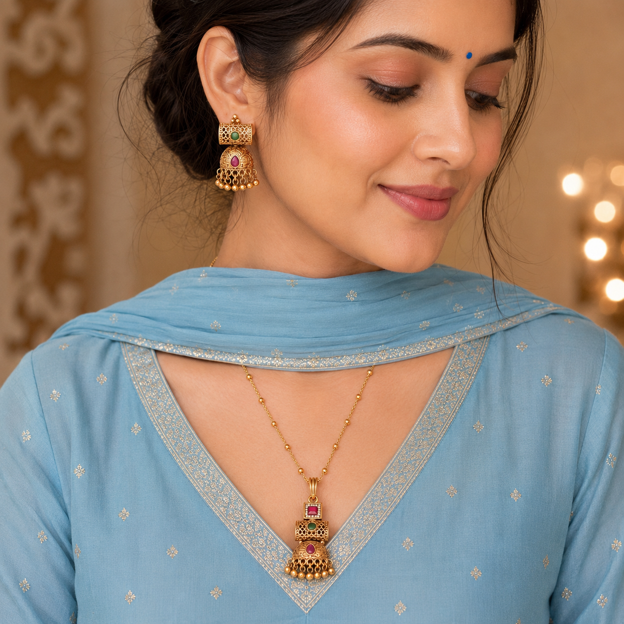 Cute elegant gold stone pendant set