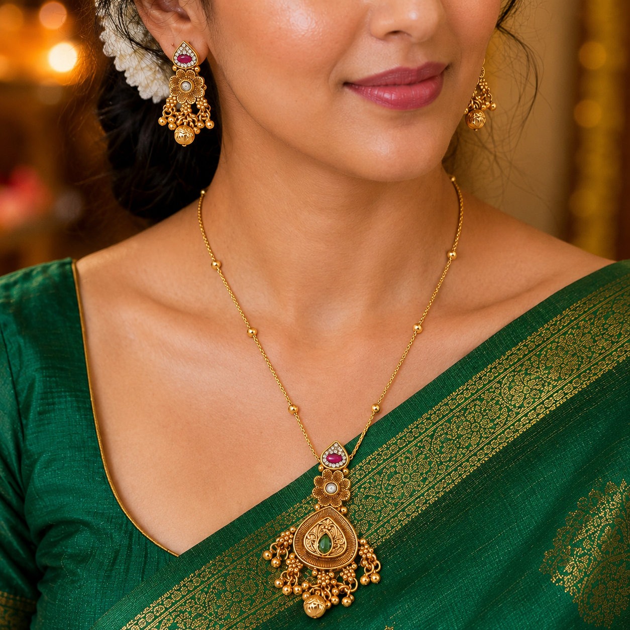 Beautiful stone gold plated pendant set with earring