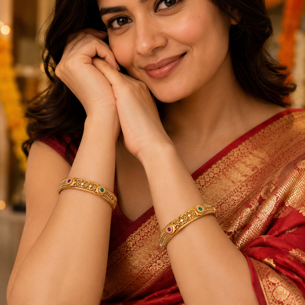 Stunning broad stone gold bangle set