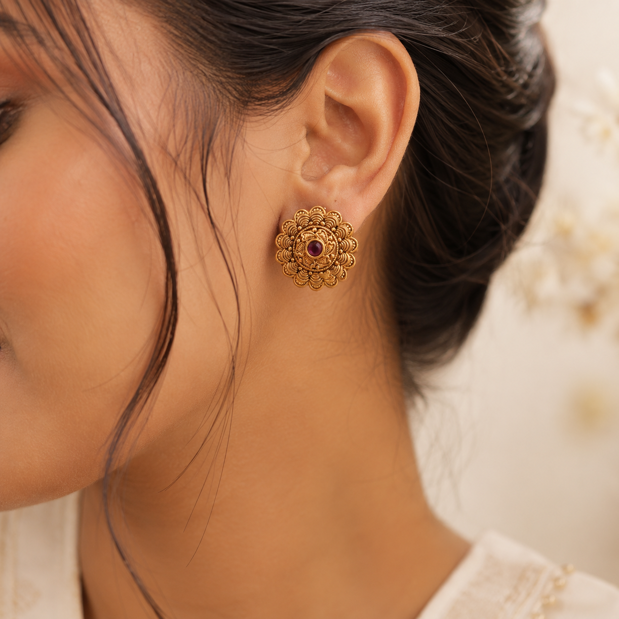 Stunning cute ruby antique gold stud