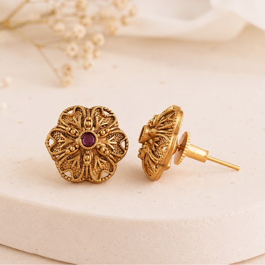 Floral stone stud gold plated earring
