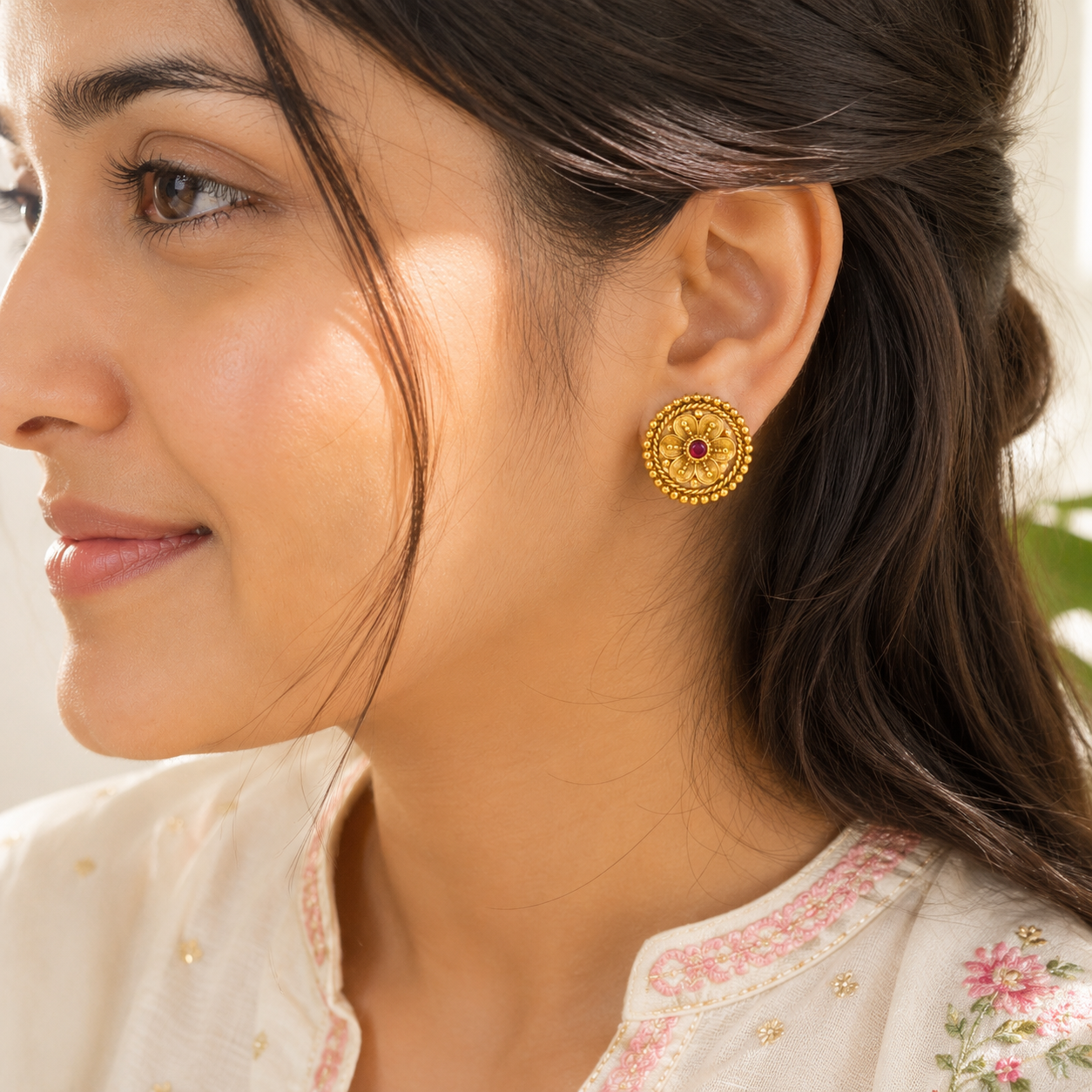 Antique gold floral stone stud earring
