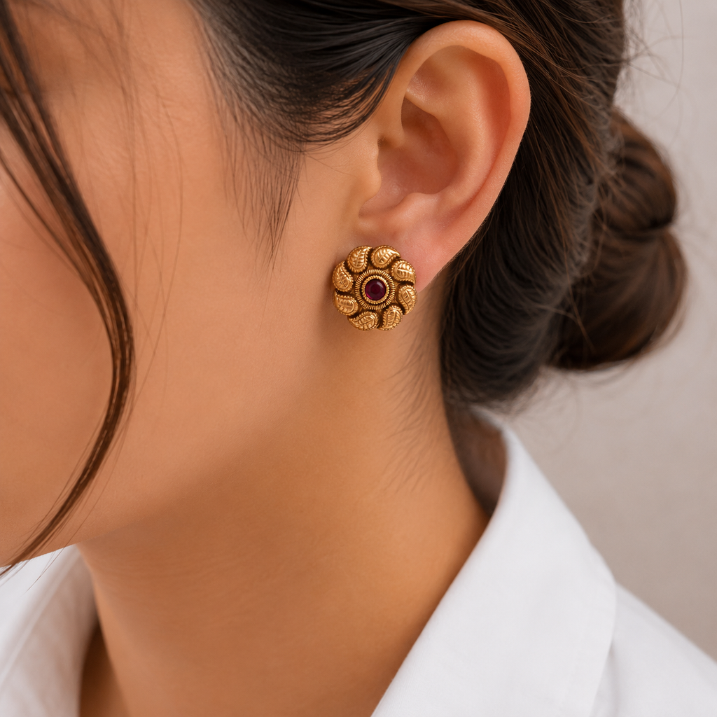 Cute antique gold floral ruby stone stud earring
