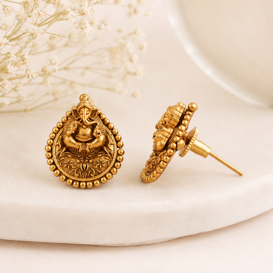 Cute antique gold Lord Ganesha stud earring I Temple jewellery