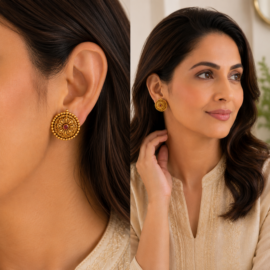 Stunning cute ruby antique gold stud earring