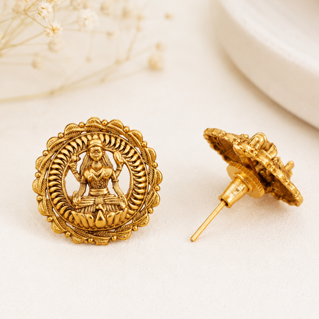 Beautiful antique gold ma lakshmi stud earring I Temple Jewellery