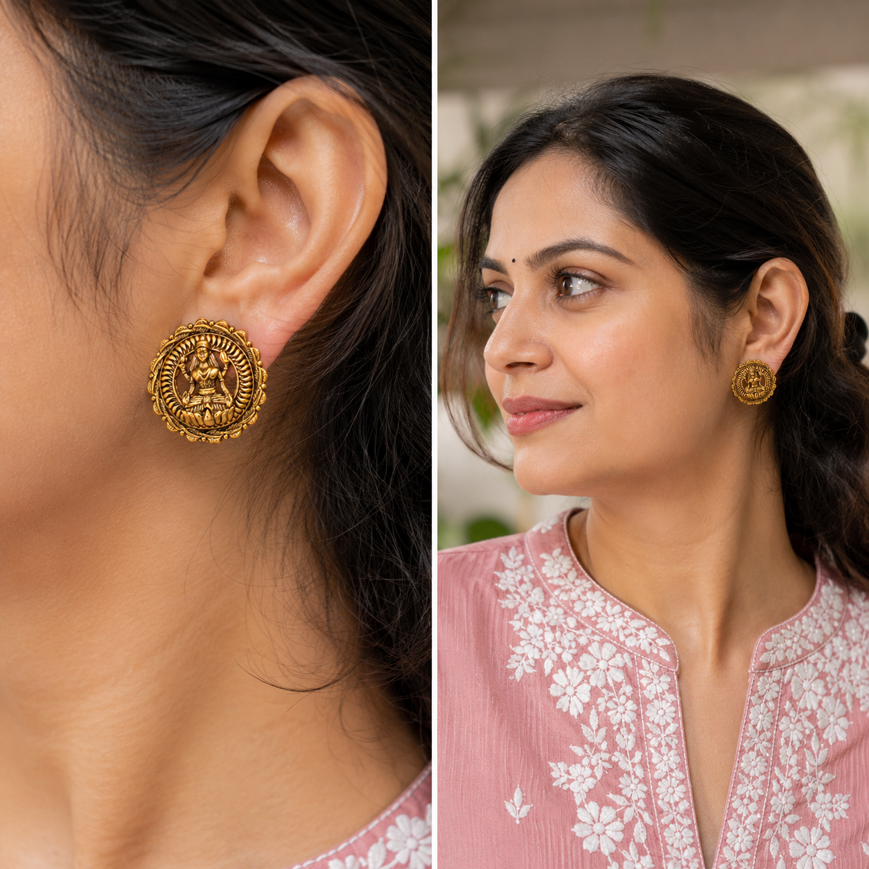 Beautiful antique gold ma lakshmi stud earring I Temple Jewellery