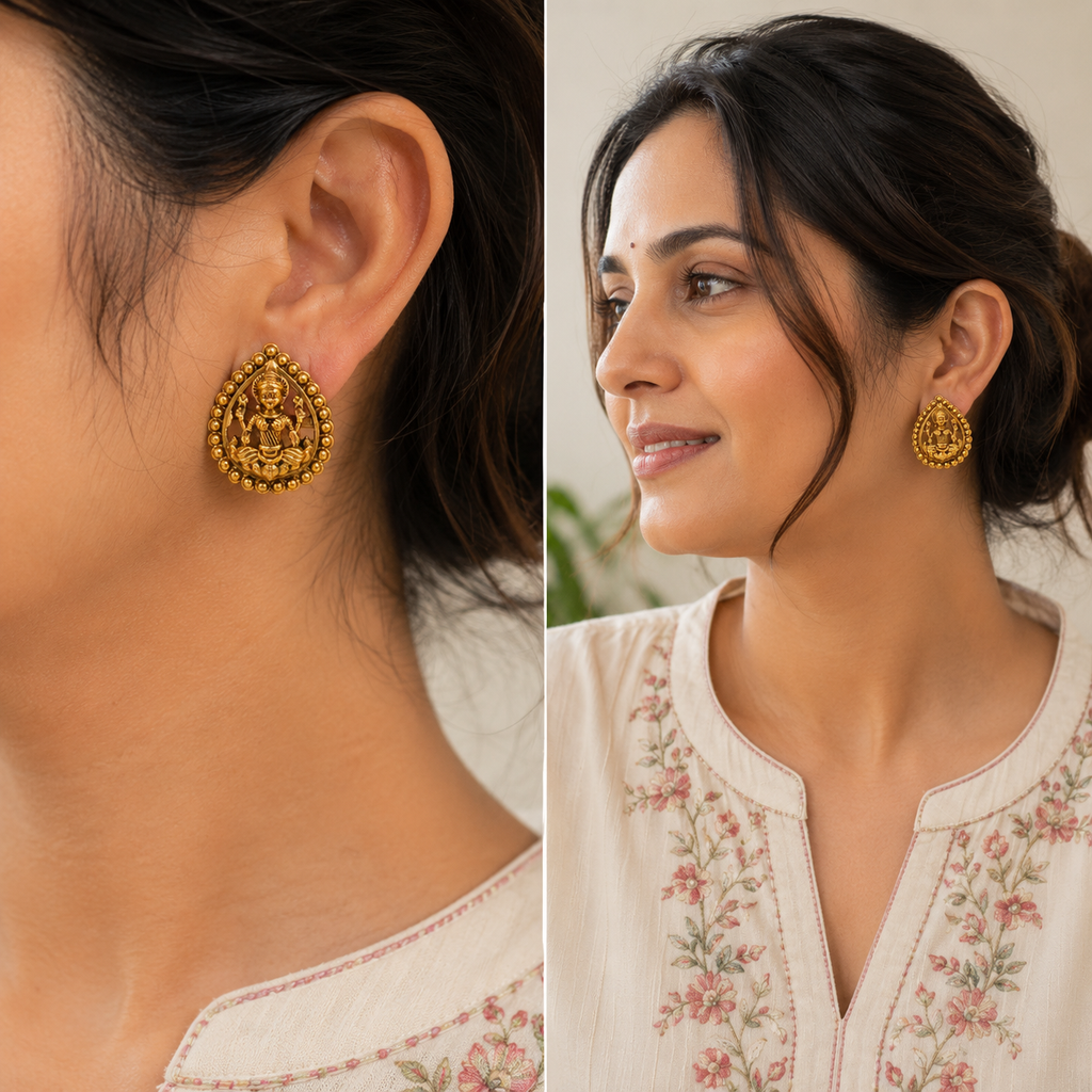 Cute antique gold small lakshmi stud earring I Temple jewellery