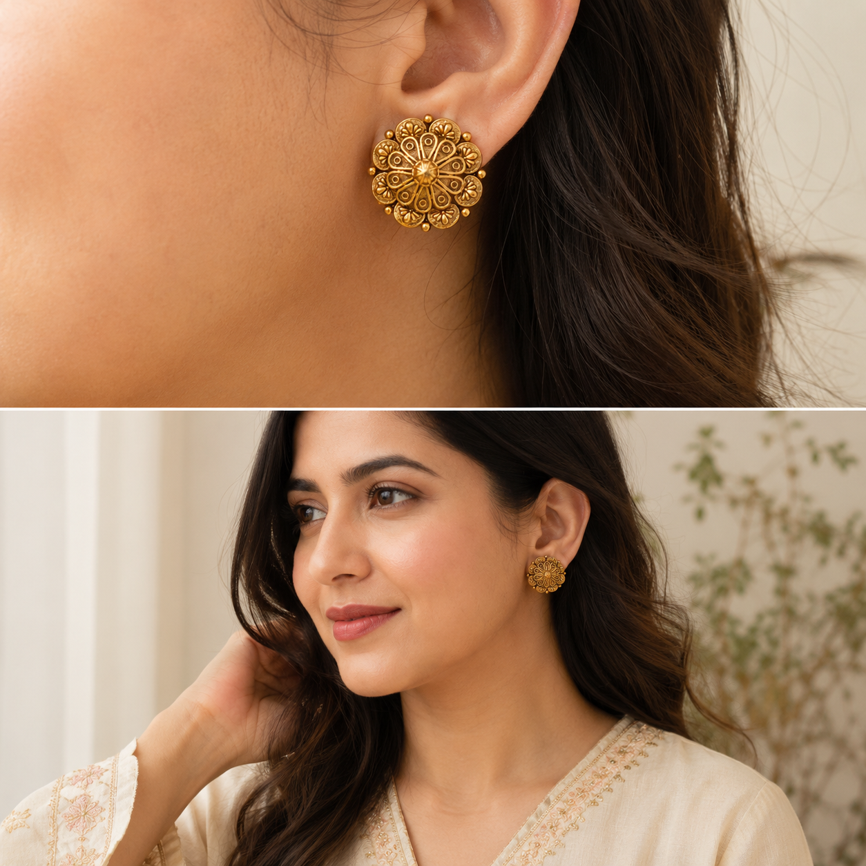 Beautiful traditional plain antique gold stud earring