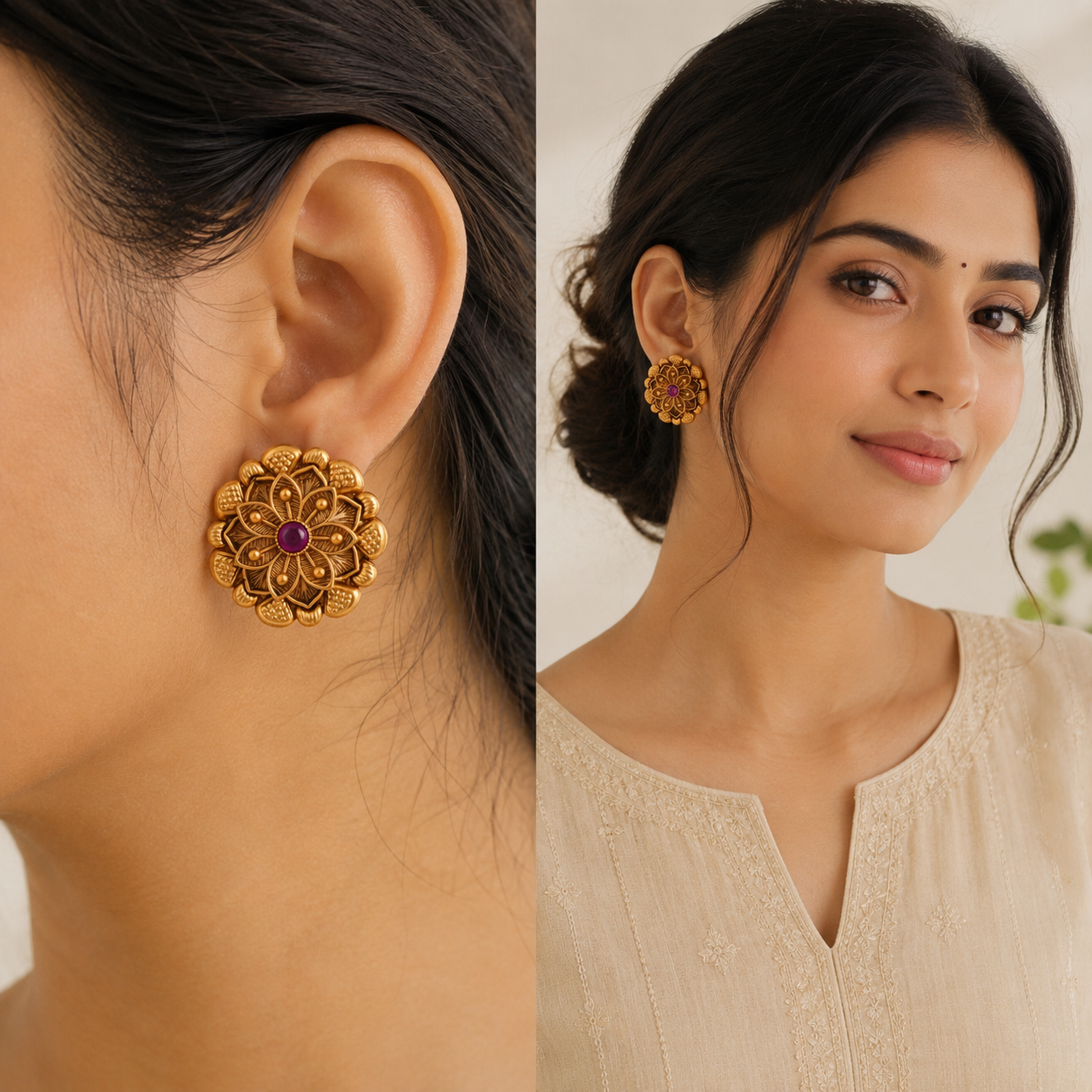 Stunning red stone antique gold stud earring