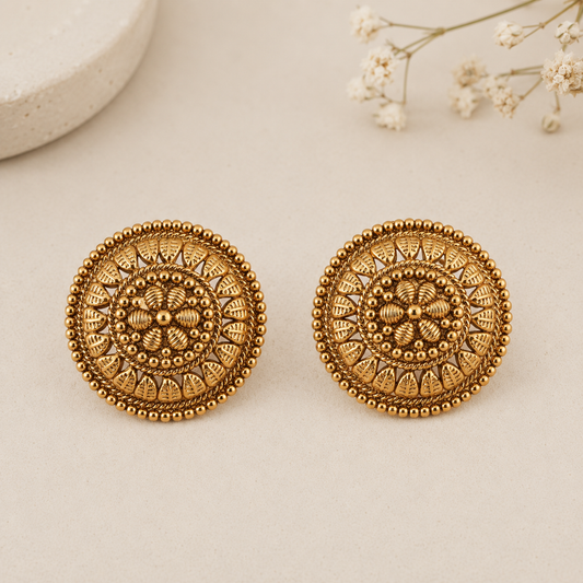 Round antique gold plated plain stud earring