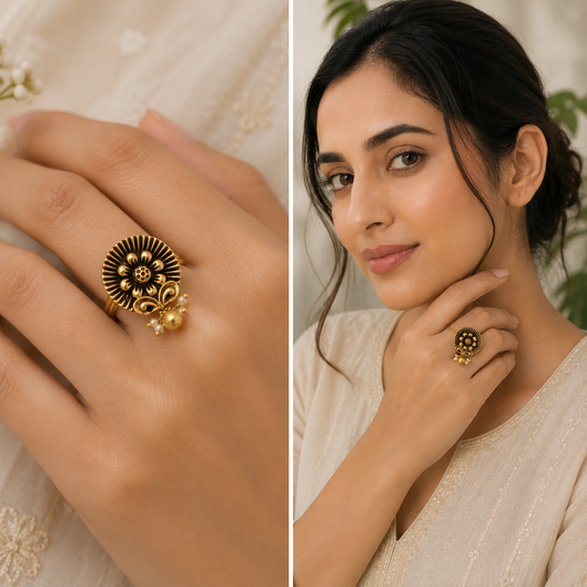 Elegant sleek floral antique gold finger ring