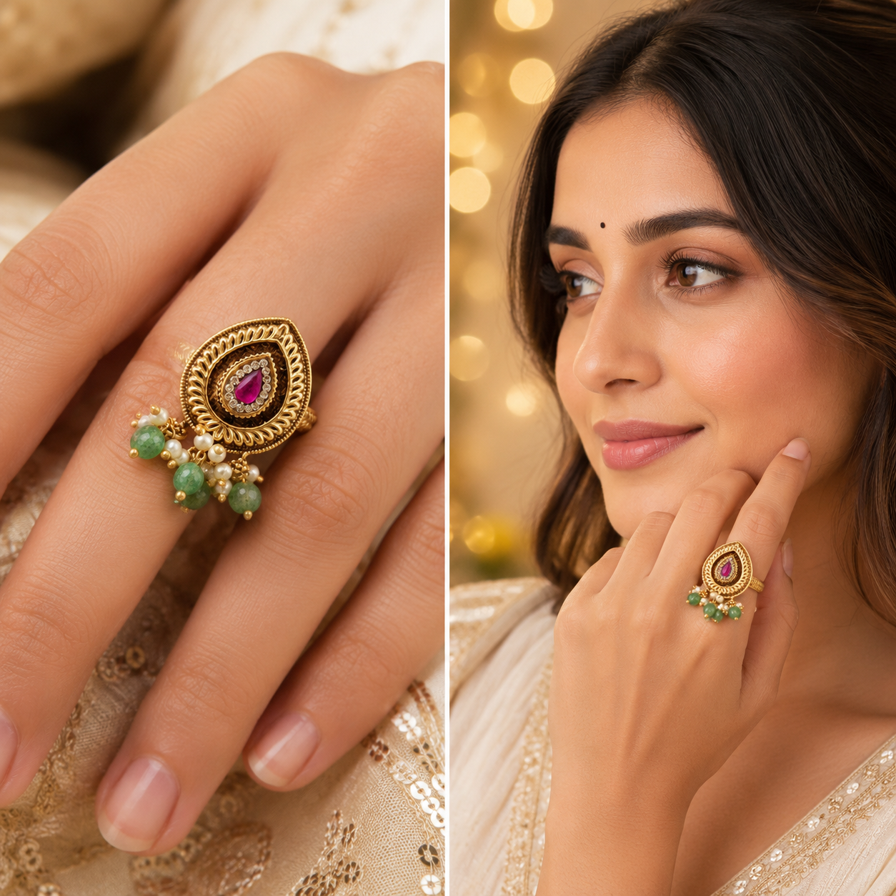 Stone antique gold adjustable finger ring