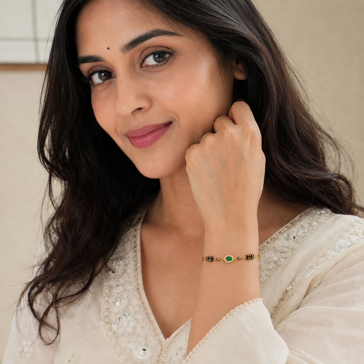 Cute sleek emerald stone mangalsutra bracelet