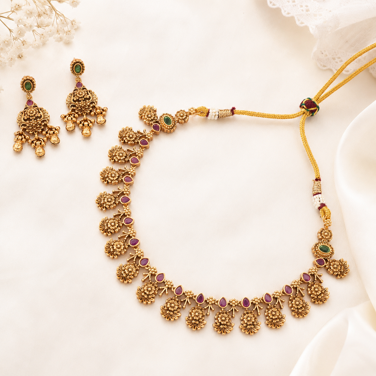 Stunning antique gold ruby floral necklace set