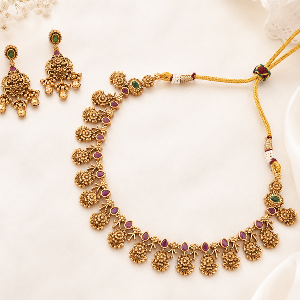 Stunning antique gold ruby floral necklace set
