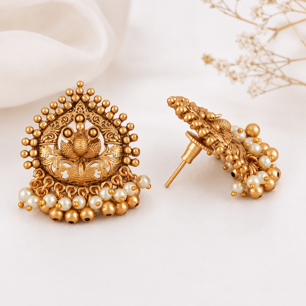 Cute peacock gold pearl drop earring
