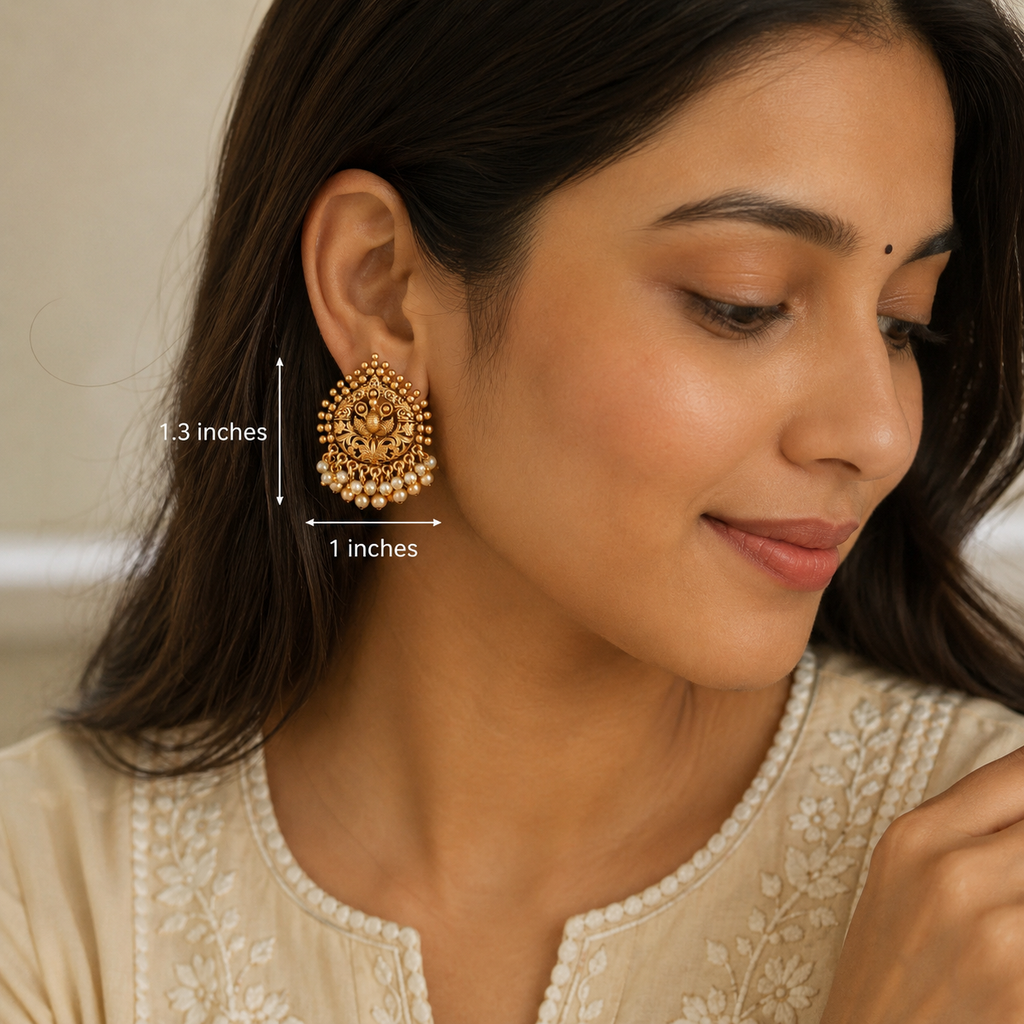 Cute peacock gold pearl drop earring
