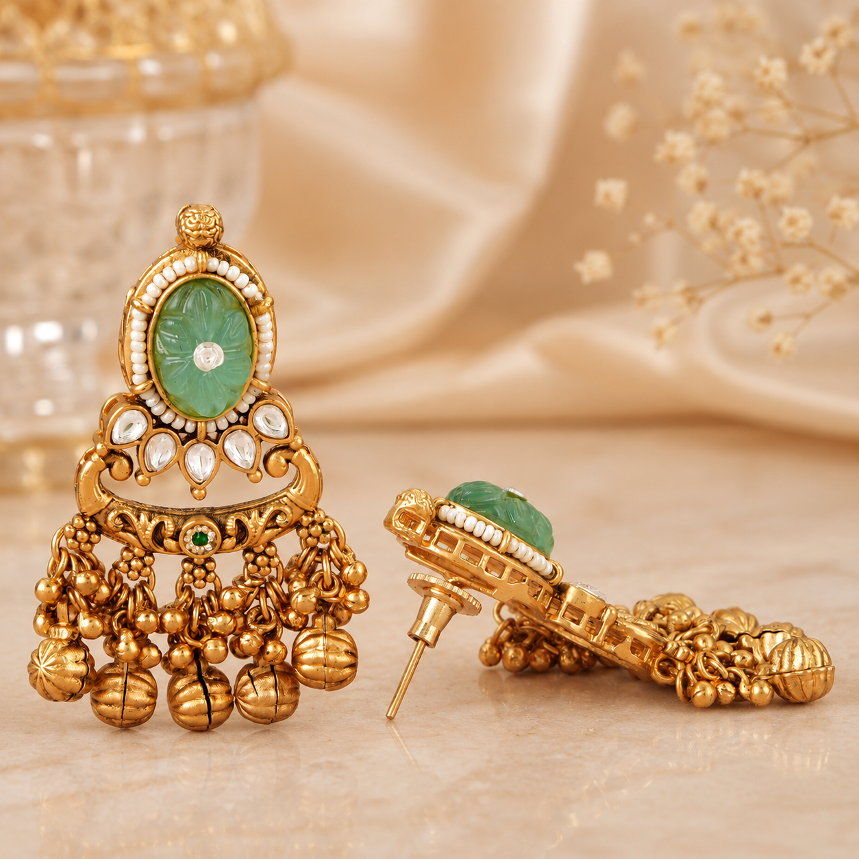 Long antique gold stone rajwadi kundan earring