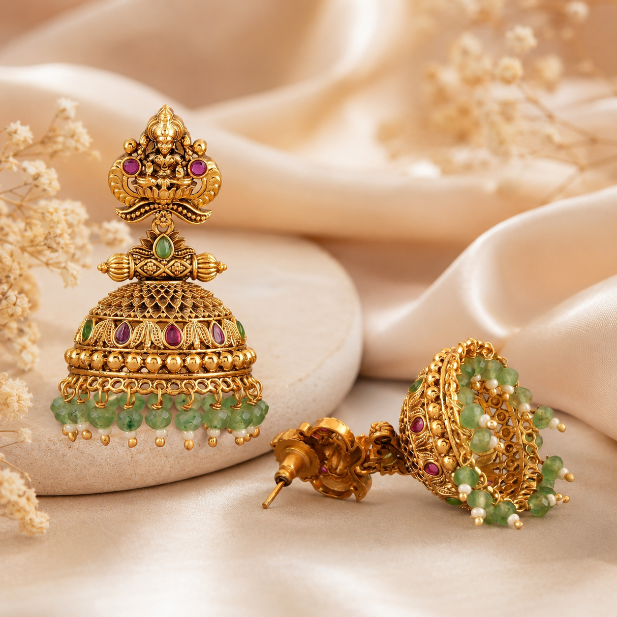 Gorgeous antique gold traditional maa lakshmi stone jhumka earring