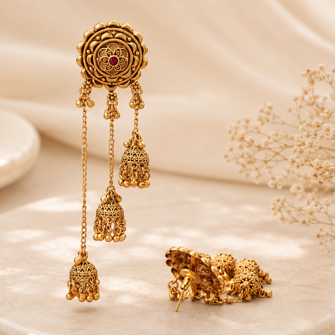Stunning antique gold sitara fall jhumka earring