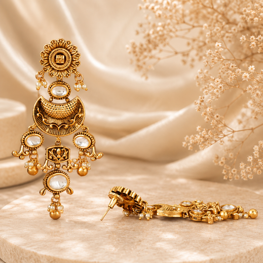 Long stunning antique gold kundan earring