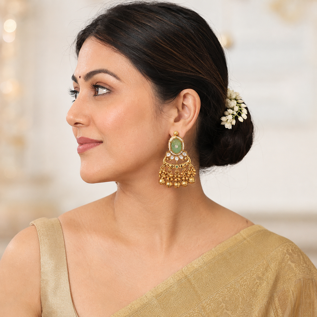 Long antique gold stone rajwadi kundan earring