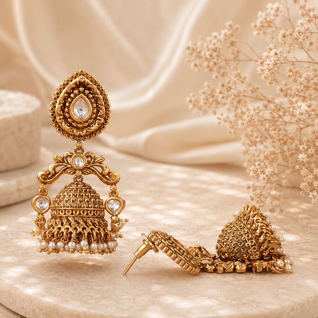 Long traditional antique gold pearl drop jhumka earring